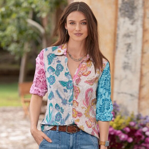 Cino Tops - NWOT Cino Sundance Crinkled Pearl Button Shirt Peacock funky festival boho - L